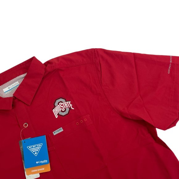 Columbia Ohio State PFG Slack Tide Button Camp Shirt Men's Red New - Picture 2 of 3